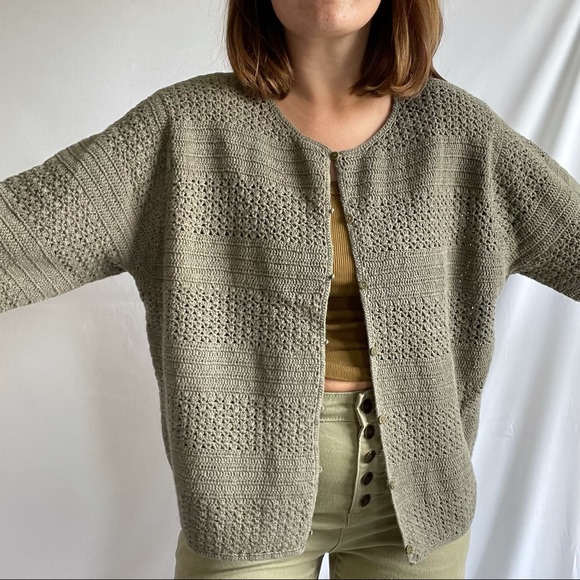 EDDIE BAUER | Vintage Olive Green Crochet Knit Cropepd Cardigan Sz XL - Picture 6 of 8